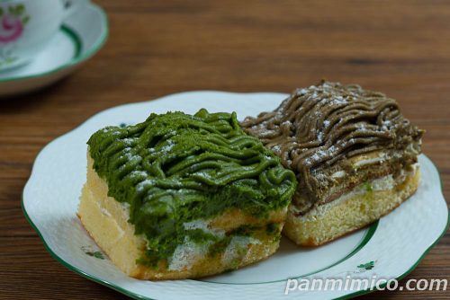 2色のお茶モンブラン（抹茶＆ほうじ茶）【ヤマザキ】斜めから撮った写真